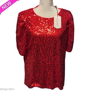 NWT Vine & Love Red Sequin Puff Sleeve Top Blouse Size Large